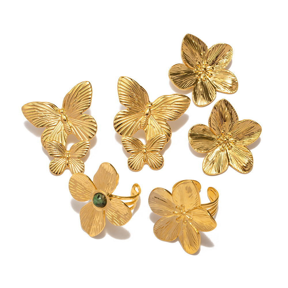Ring Set: Gold Floral Butterfly Earrings & Rings Ornate Vintage Jewelry