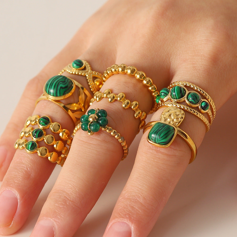 18K Gold Green Malachite Ring Open Band Side Angle