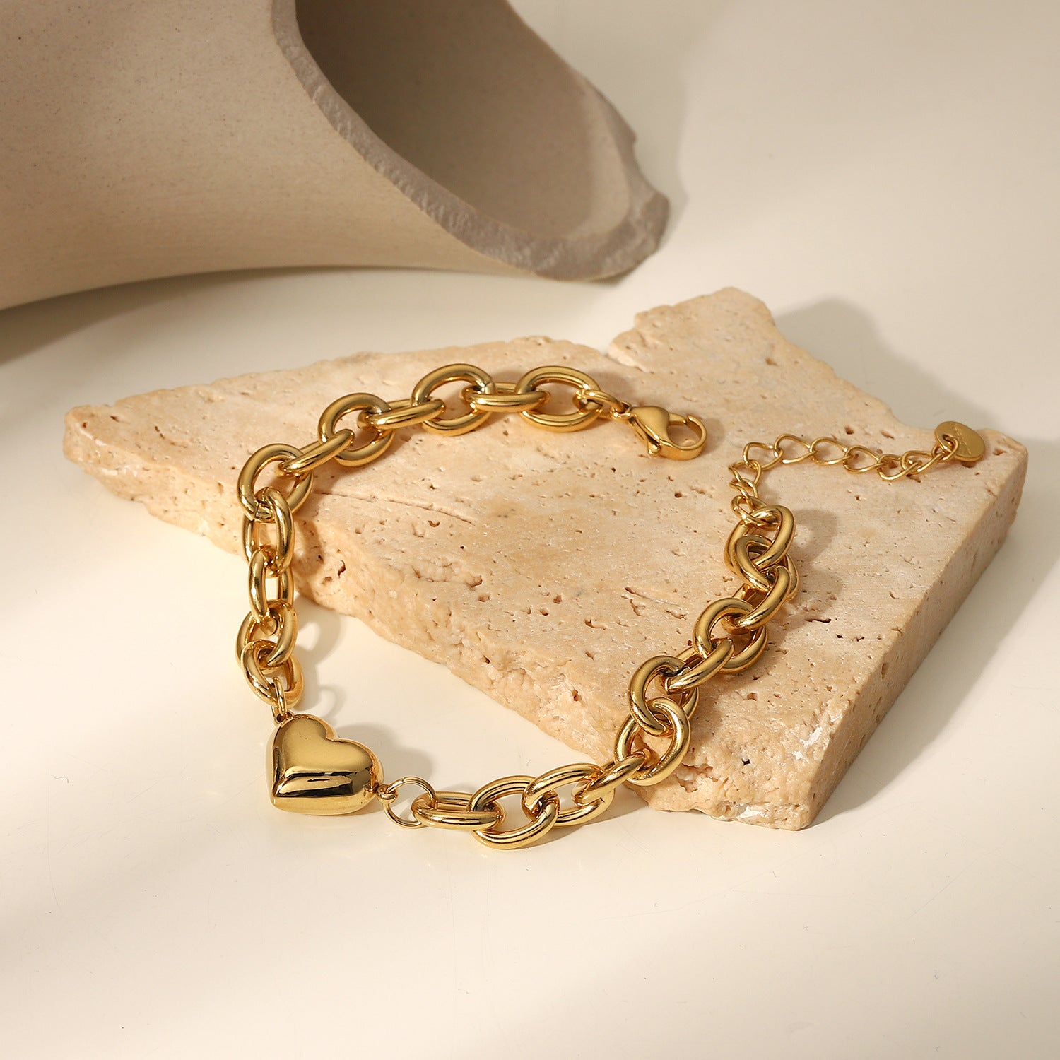 Adjustable Chain Bracelet Shiny Gold Heart Charm for Women