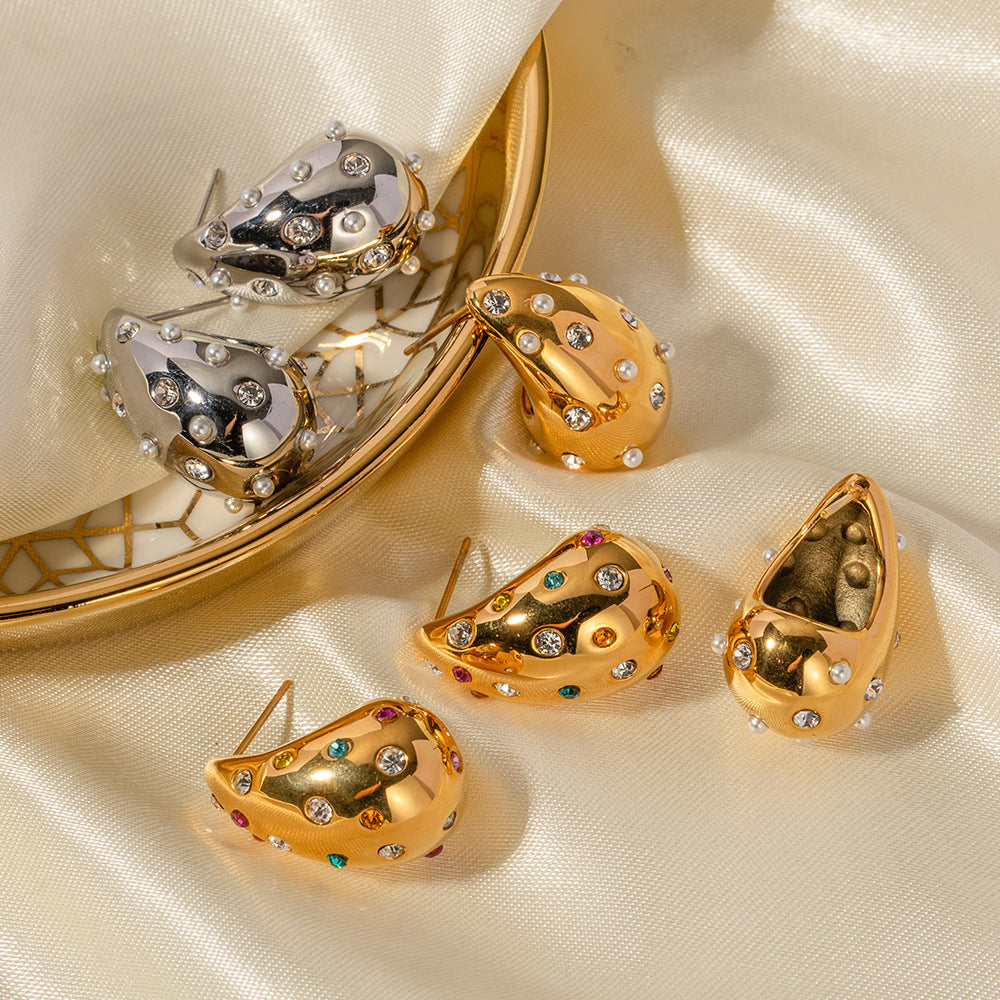 Gold teardrop statement earrings with pearls and zircon stones for women