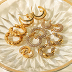 Gold Hoop Earrings 18k Gold Plated with White Crystals front view