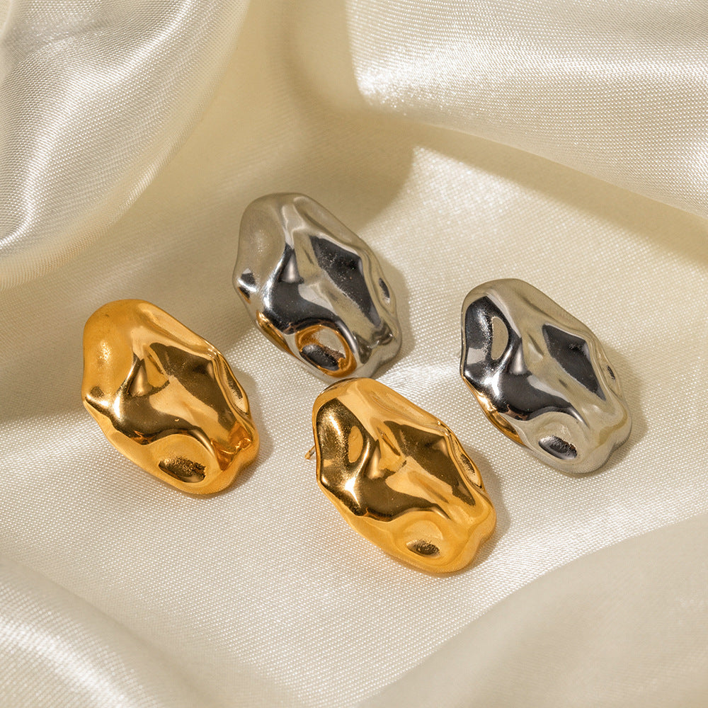 INS  18k gold-plated stainless steel irregular hammer  earrings for women, stylish and non-fading