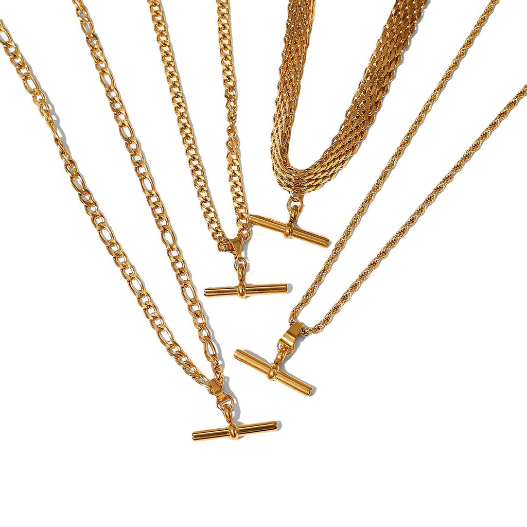 Gold Necklace 18K Stainless Steel T-Bar Pendant Figaro Cuban Chain for Women