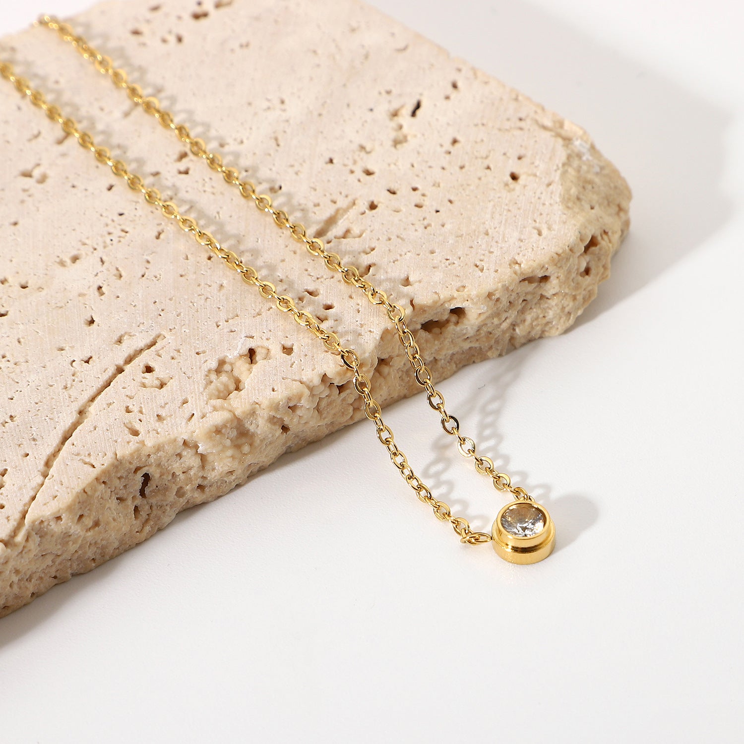 Gold Pendant Necklace Front View Minimalist Zircon Accent