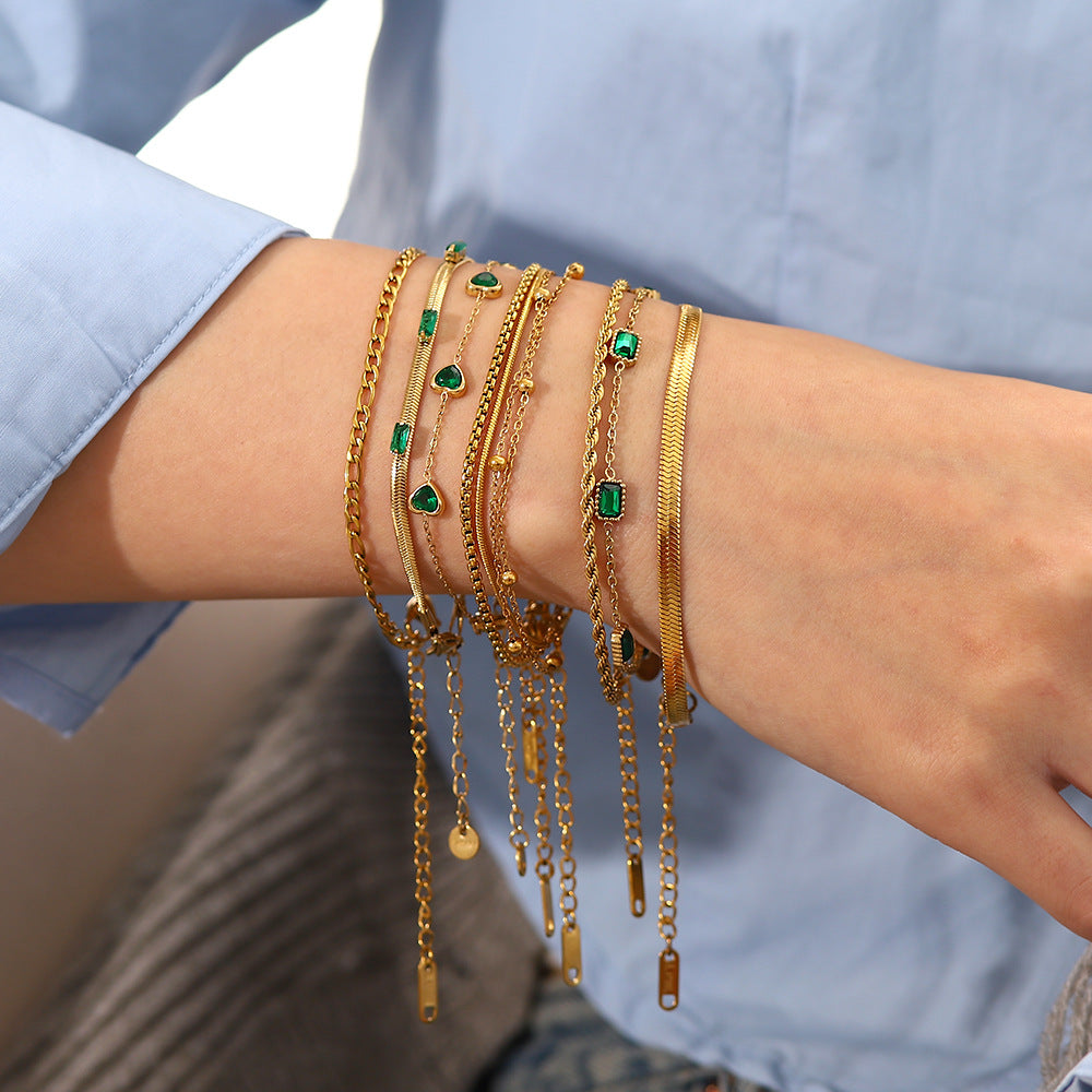 Layered Gold Green Bracelet for Women, Dainty Stackable Jewelry
