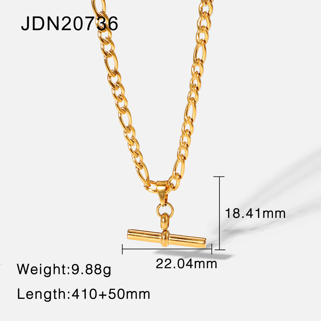 Gold Necklace 18K Stainless Steel T-Bar Pendant Figaro Cuban Chain for Women