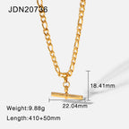 Gold Necklace 18K Stainless Steel T-Bar Pendant Figaro Cuban Chain for Women