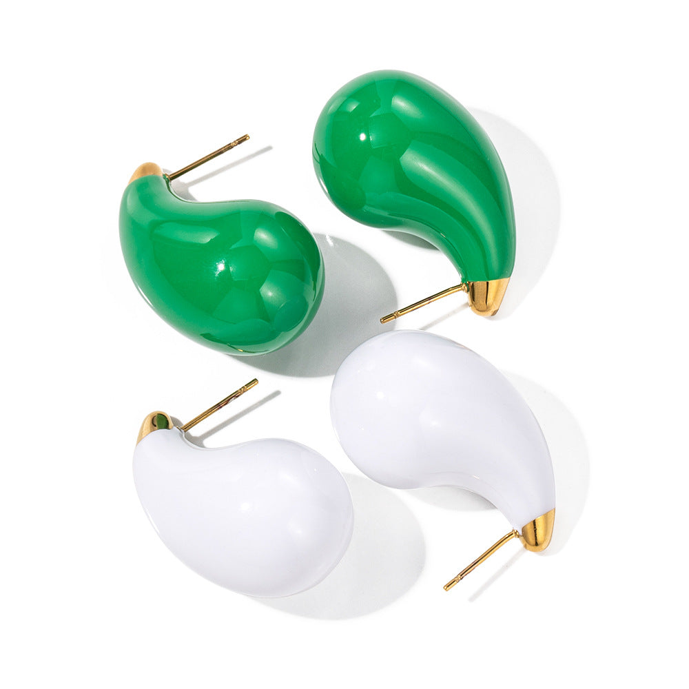 Drop Earrings – Green White Enamel Gold Post Women's Fashion Earrings