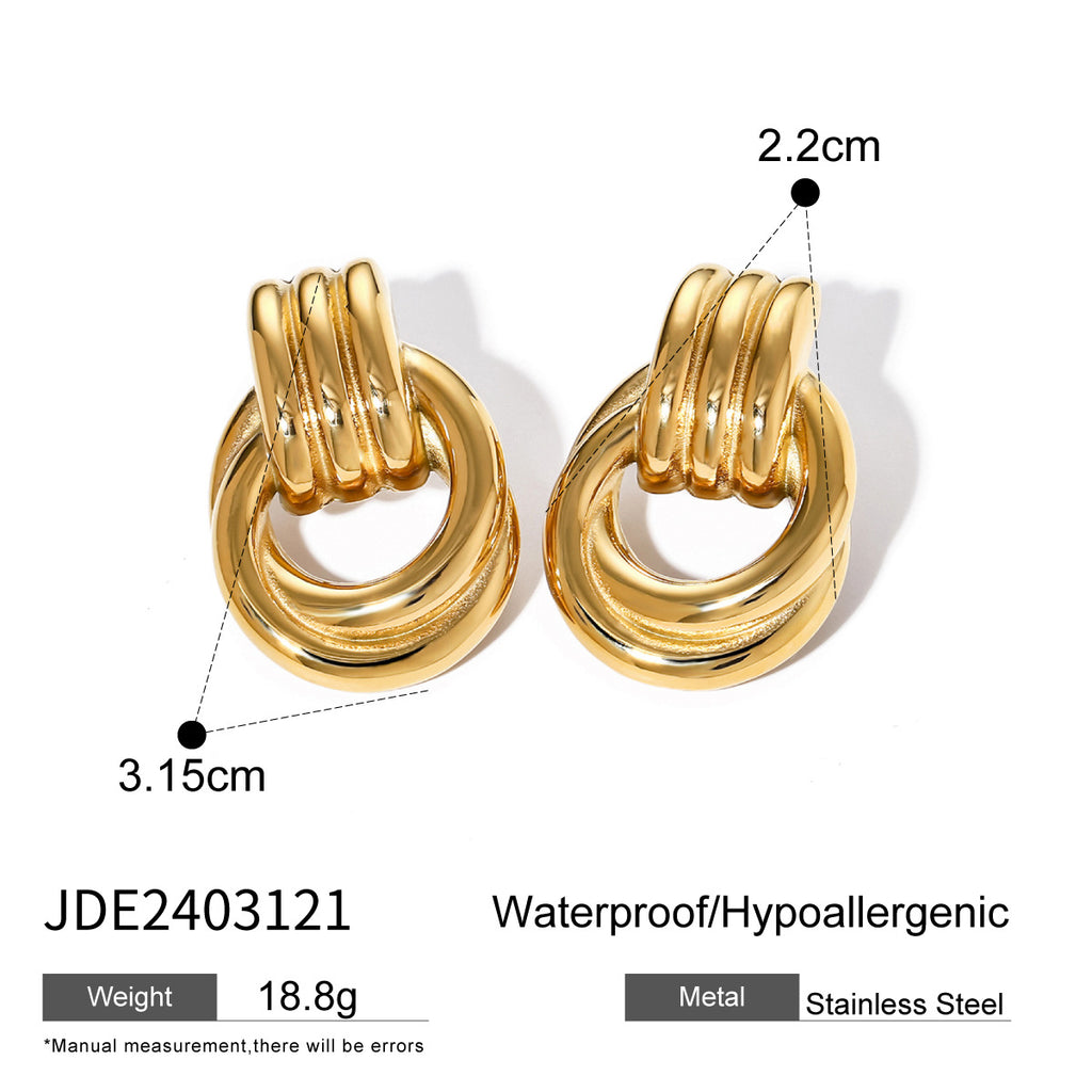 Elegant gold and silver mixed-color stainless steel earrings for women, 18k gold threaded winding simple titanium steel circle earrings