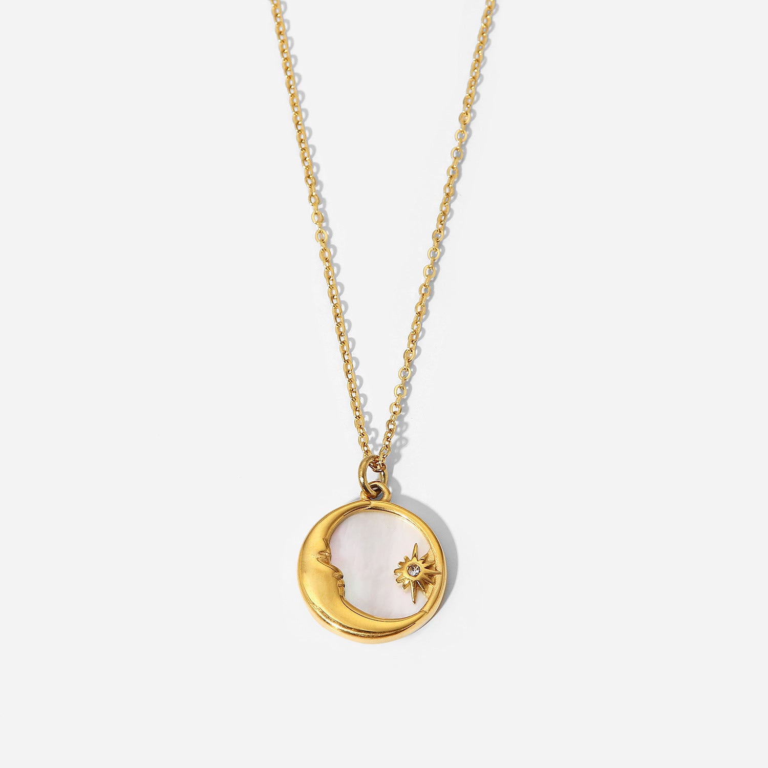 INS风18K金钛钢项饰女法式天然白贝母星星月亮圆形吊坠不锈钢项链