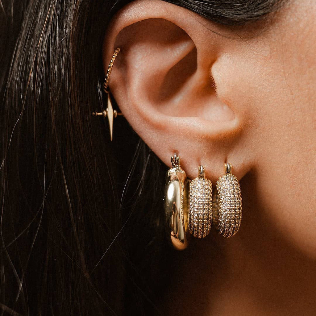Twisted Gold Hoop Earrings with Clear Crystals side angle