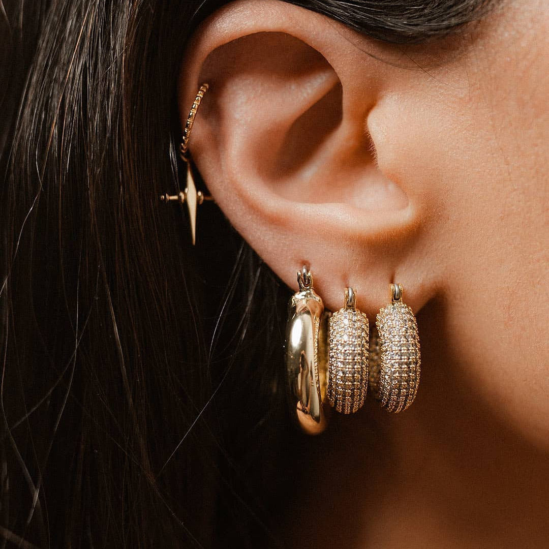 Twisted Gold Hoop Earrings with Clear Crystals side angle