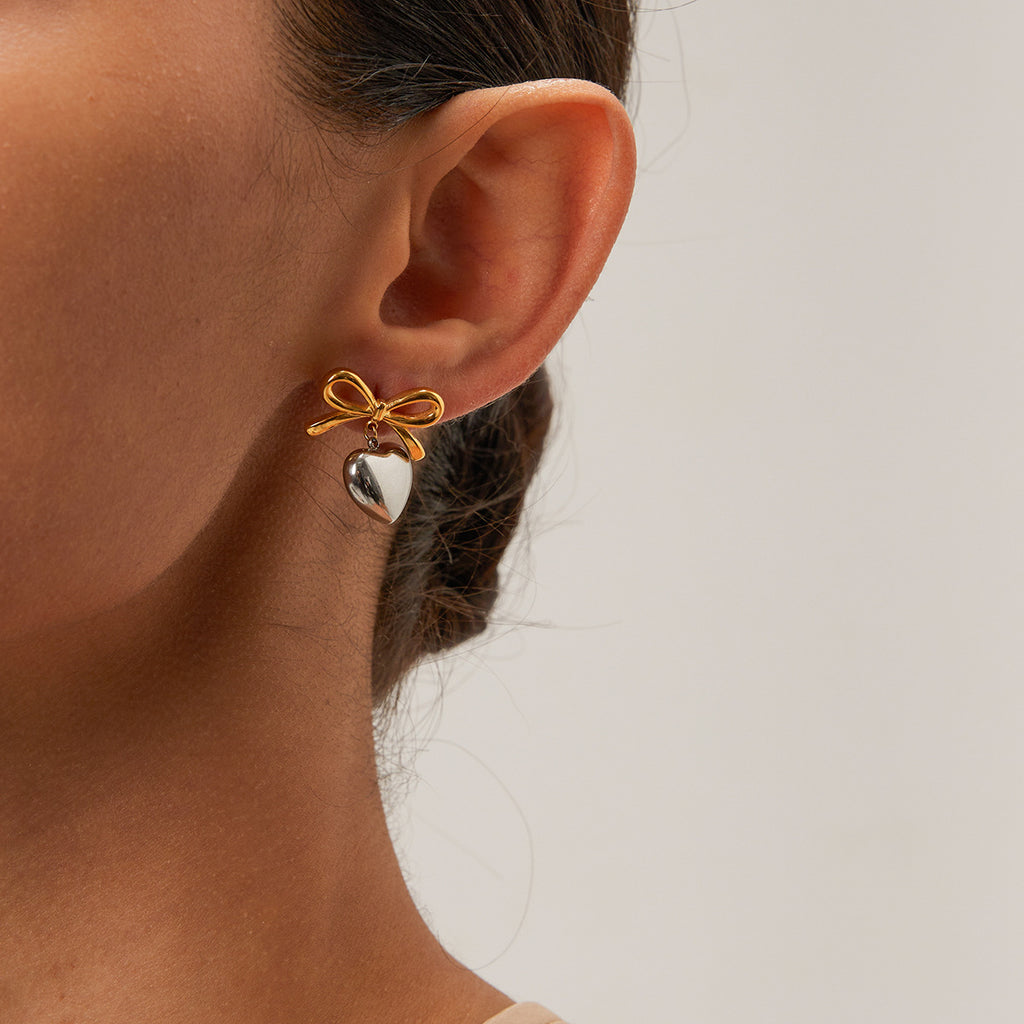 Earrings for Women: Heart-Shaped Bow Drop Gold Tone Romantic Style