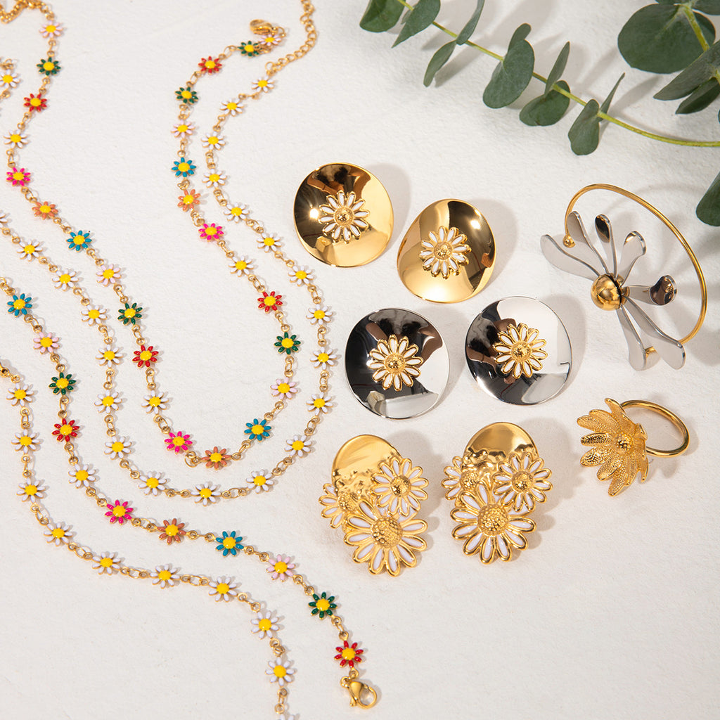 New Summer 18k Gold Stainless Steel Daisy Earrings Ins Gold Colorful Daisy Chain Necklace