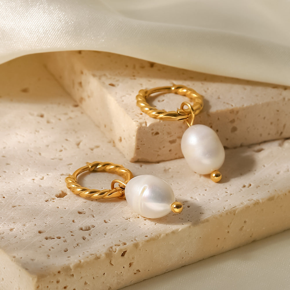Pearl Drop Hoop Earrings Gold White Twisted Design For Women