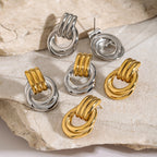 Elegant gold and silver mixed-color stainless steel earrings for women, 18k gold threaded winding simple titanium steel circle earrings