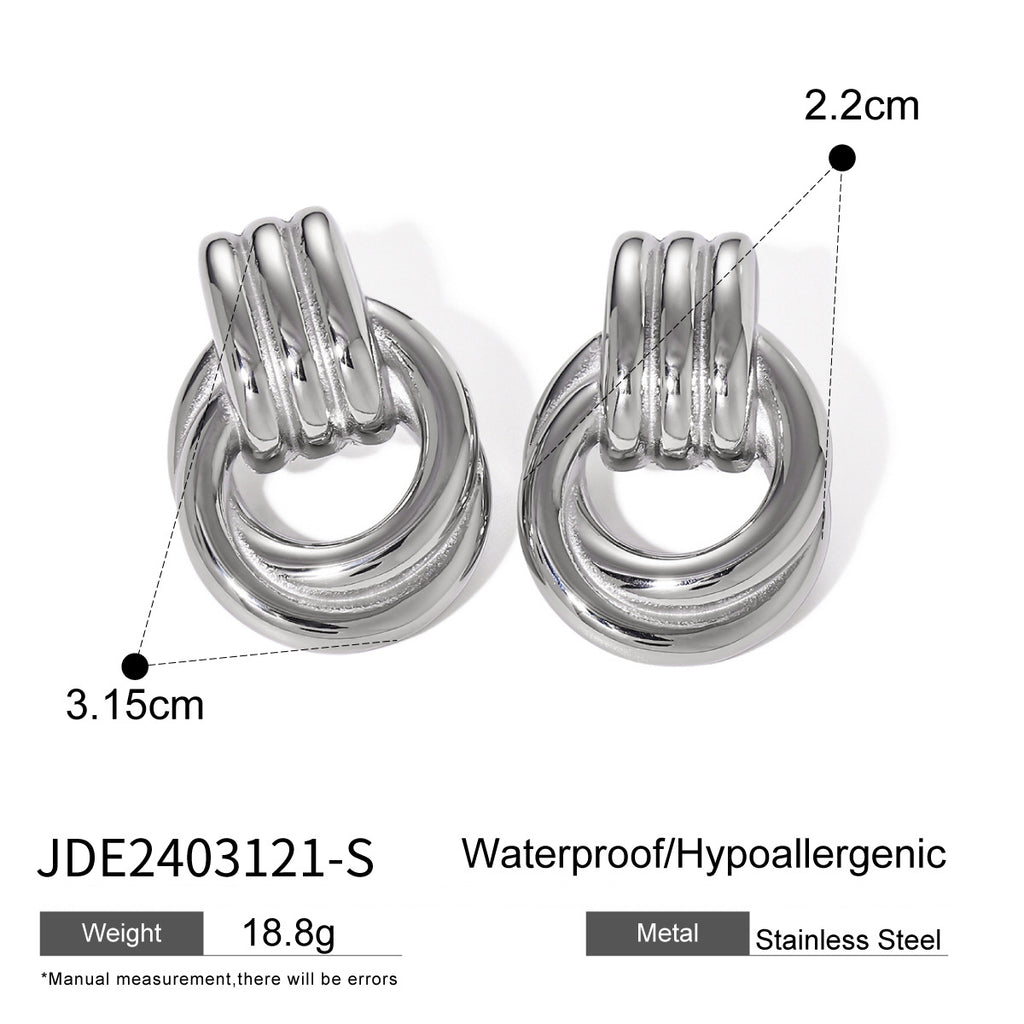 Elegant gold and silver mixed-color stainless steel earrings for women, 18k gold threaded winding simple titanium steel circle earrings