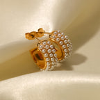 premium 18k gold plated dense pearl hoop earrings crafted from durable stainless steel for timeless french elegance