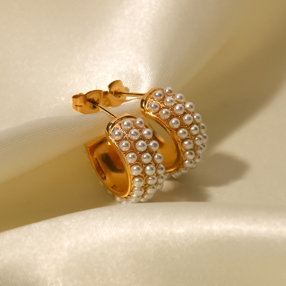 premium 18k gold plated dense pearl hoop earrings crafted from durable stainless steel for timeless french elegance
