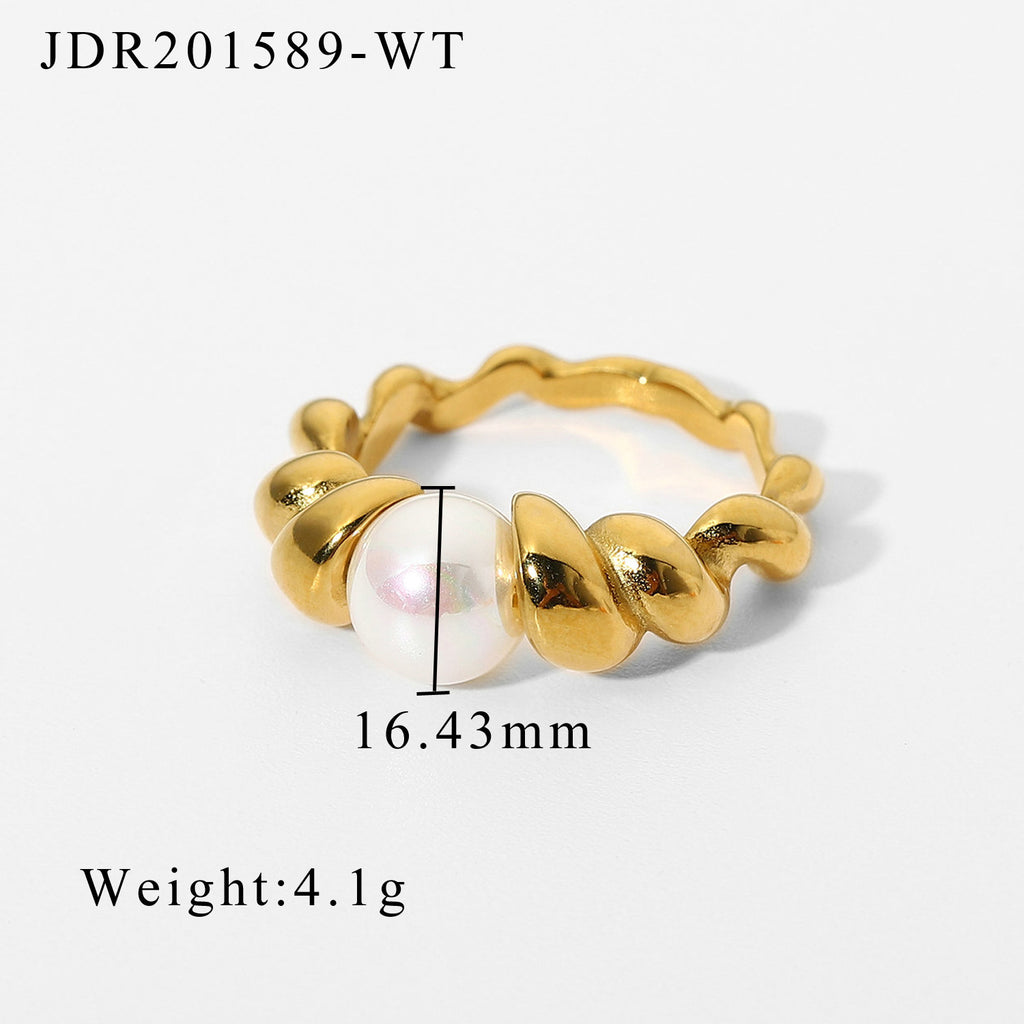 Ring Twisted Gold Pearl: 18K Plated Stainless Steel Women's Ring