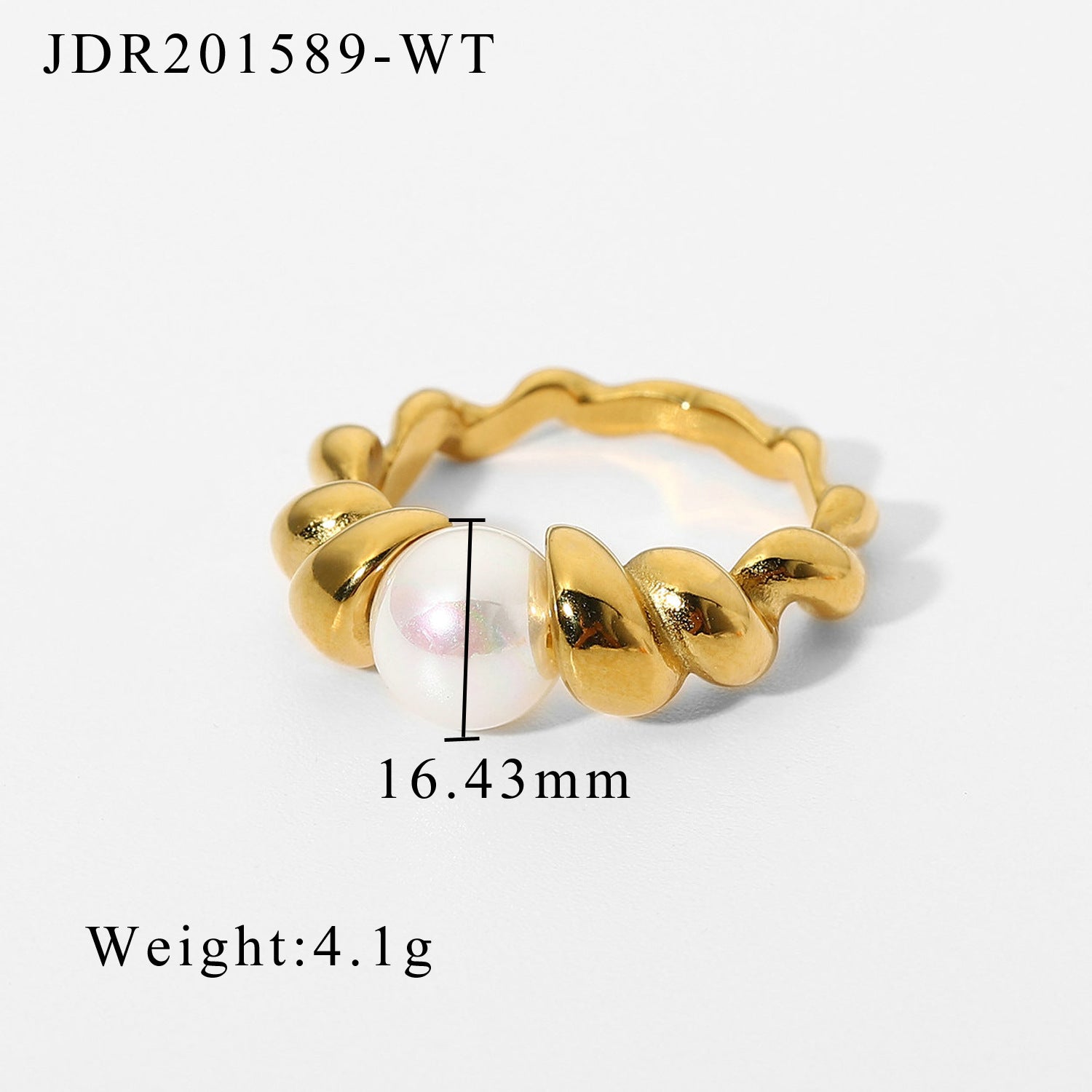 Ring Twisted Gold Pearl: 18K Plated Stainless Steel Women's Ring