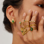 Gold Stackable Boho Ring Set with Malachite & Pearls for Women