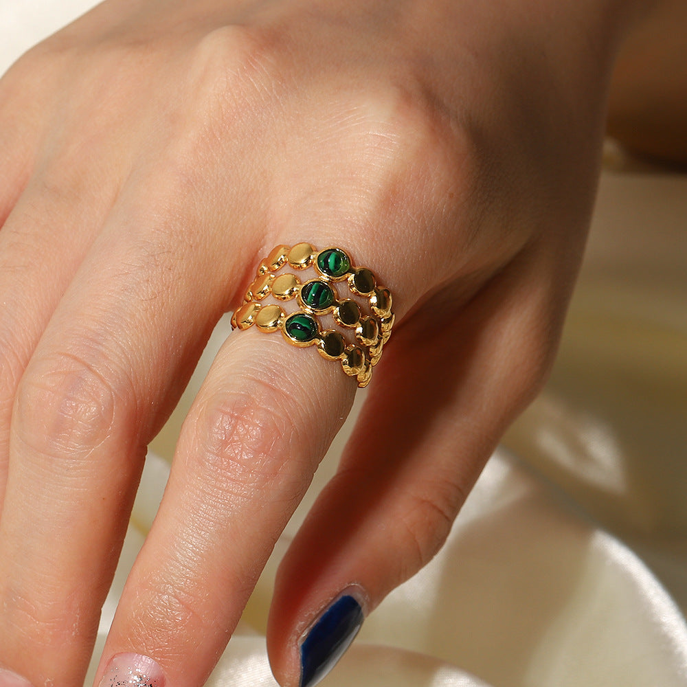 18K Gold Green Malachite Ring Malachite Stone Close Up