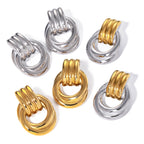 Elegant gold and silver mixed-color stainless steel earrings for women, 18k gold threaded winding simple titanium steel circle earrings