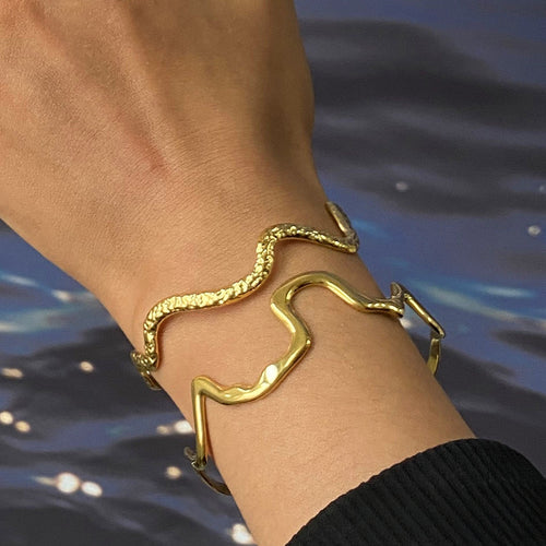 Gold Wavy Open Cuff Bracelet, 18K Gold Plated Stainless Steel