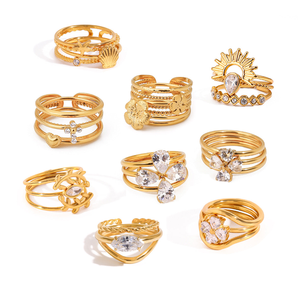 premium 18k gold plated stackable zircon stainless steel ring set crafted for modern everyday elegance