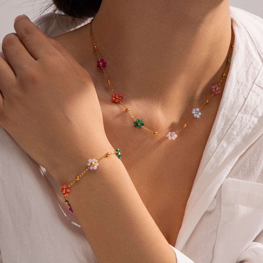 Bracelet Delicate 18k Gold Stainless Colorful Flower Chain for Women