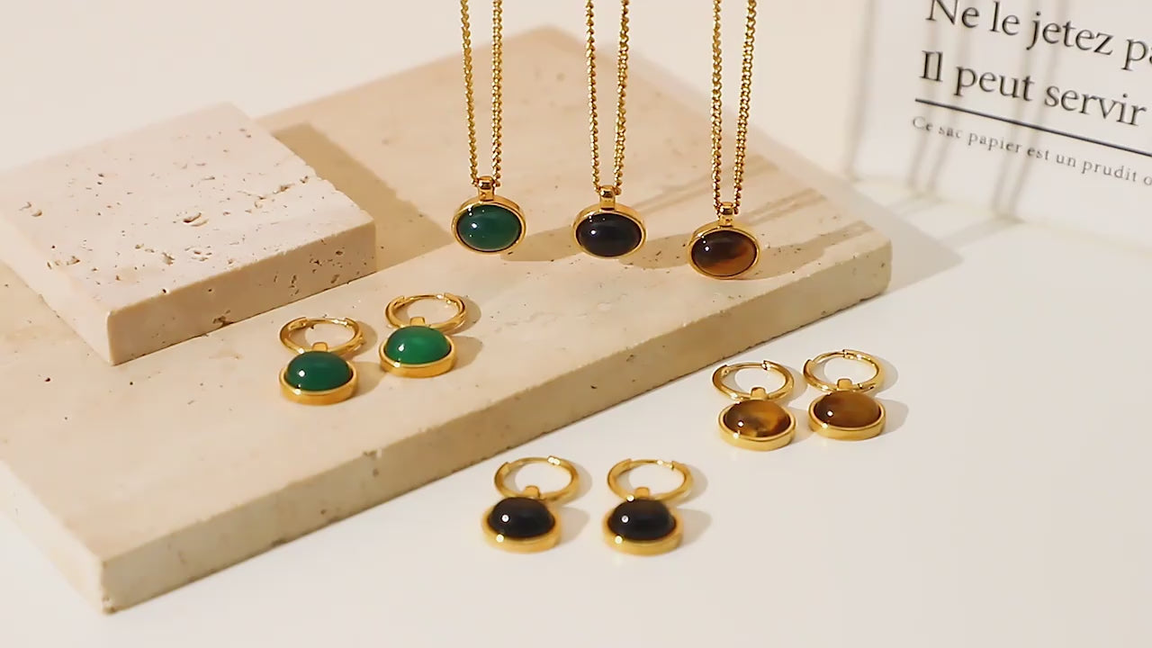 Natural Stone Pendant Necklace, 18K Gold Plated Stainless Steel